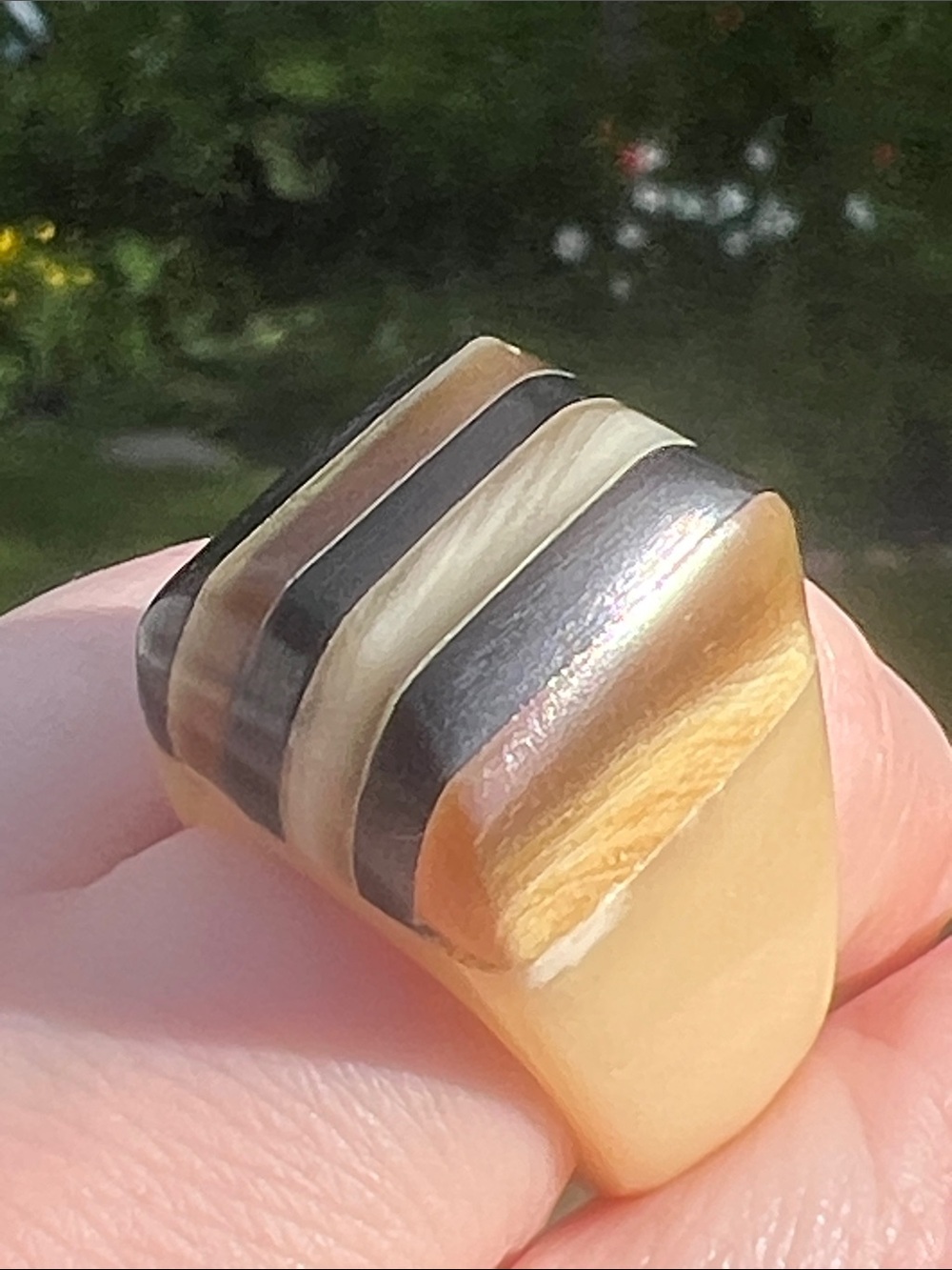 Unique Vintage Boho Handmade Sugarloaf Style Domed Inlaid Stripe Horn Ring